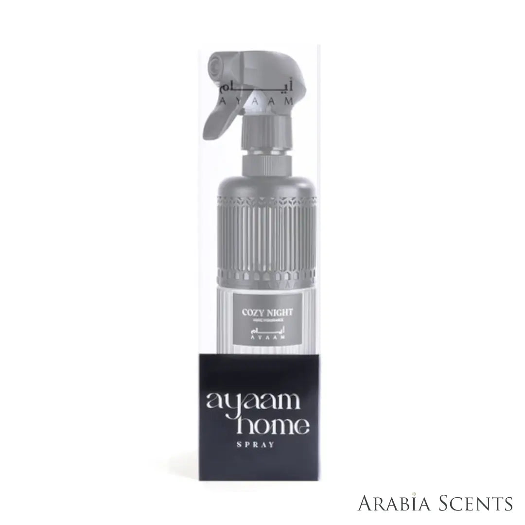 'Cozy Night' home fragrance bottle & package on a white background with 'Ayaam' branding featured by 'Arabiascents'