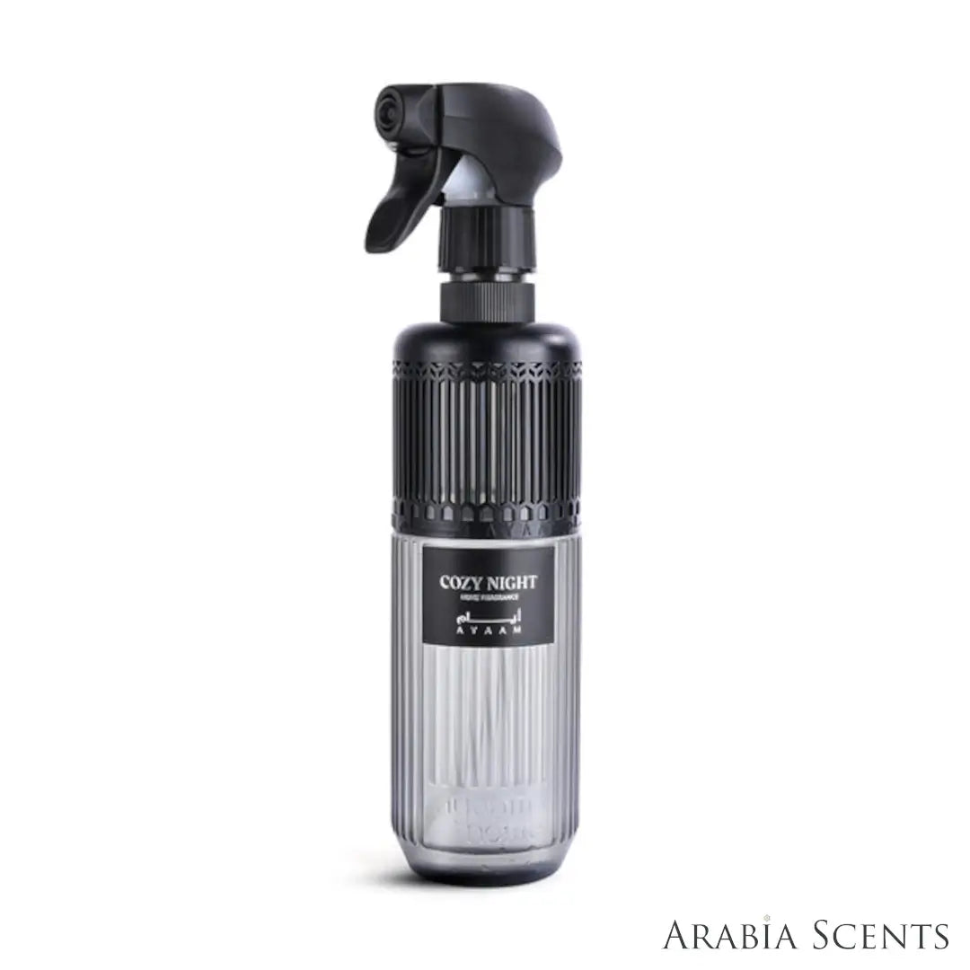 'Cozy Night' home fragrance bottle on a white background with 'Ayaam' branding featured by 'Arabiascents'