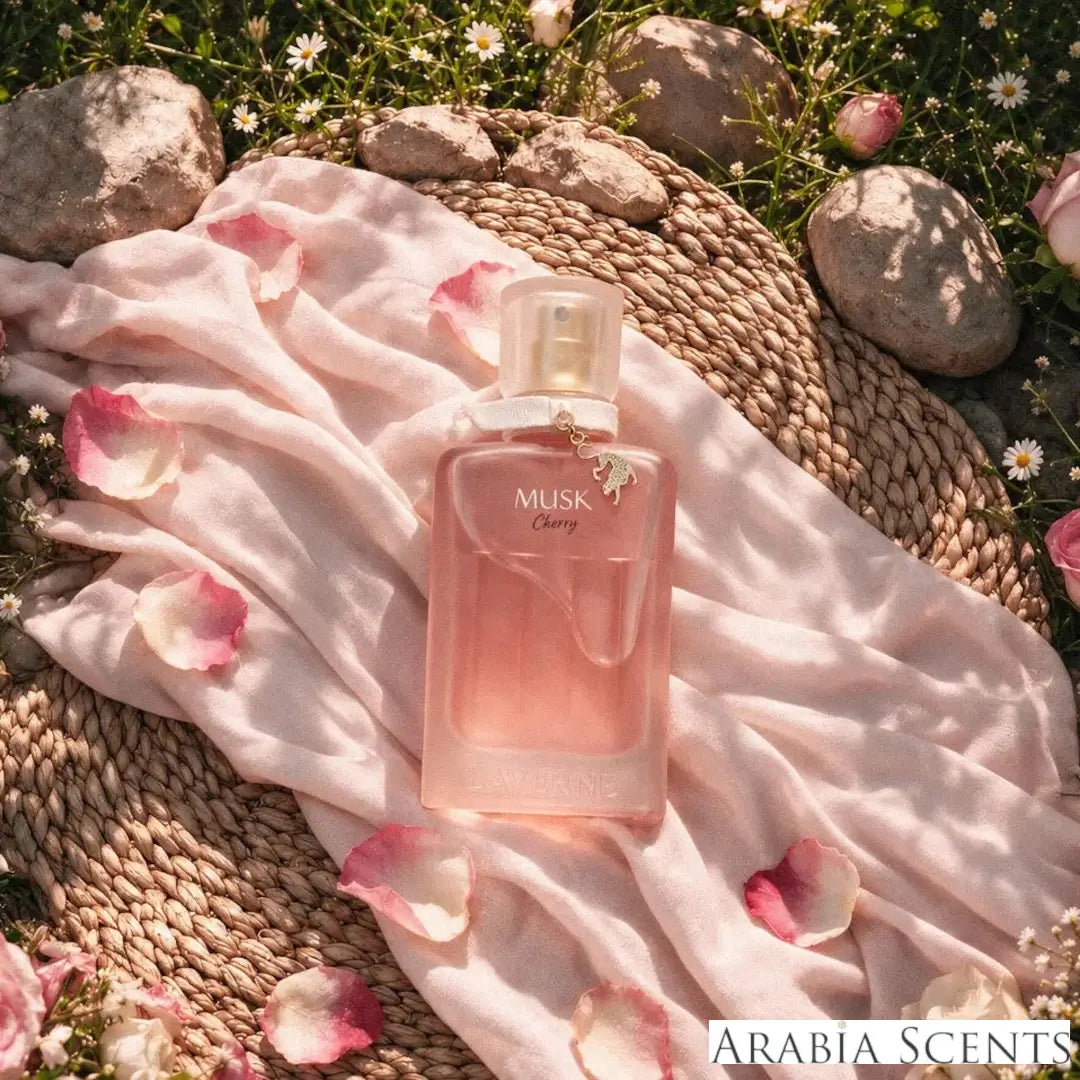 'Musk Cherry' perfume bottle on a white background with 'Laverne' branding featured by 'Arabiascents