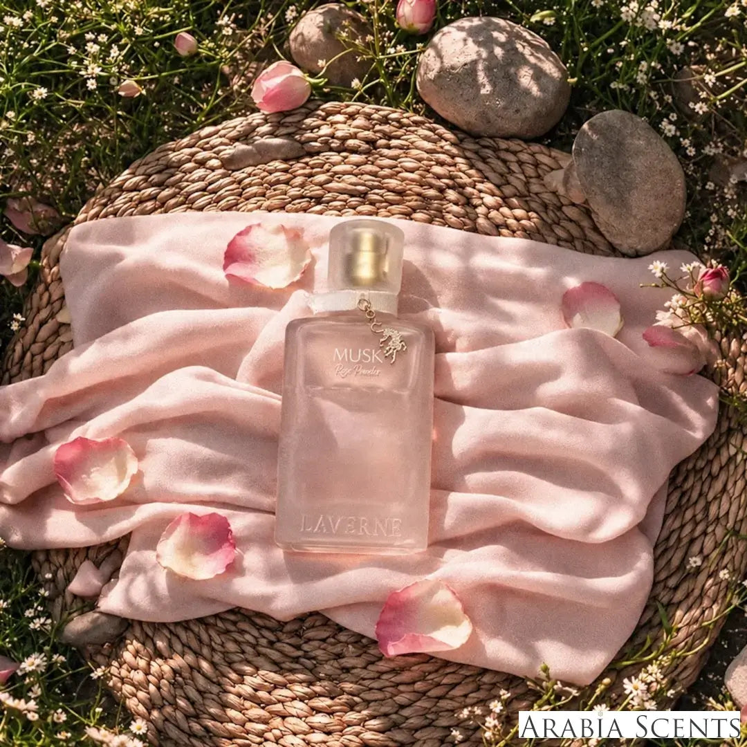 'Musk Rose Powder' perfume bottle on a white background with 'Laverne' branding featured by 'Arabiascents