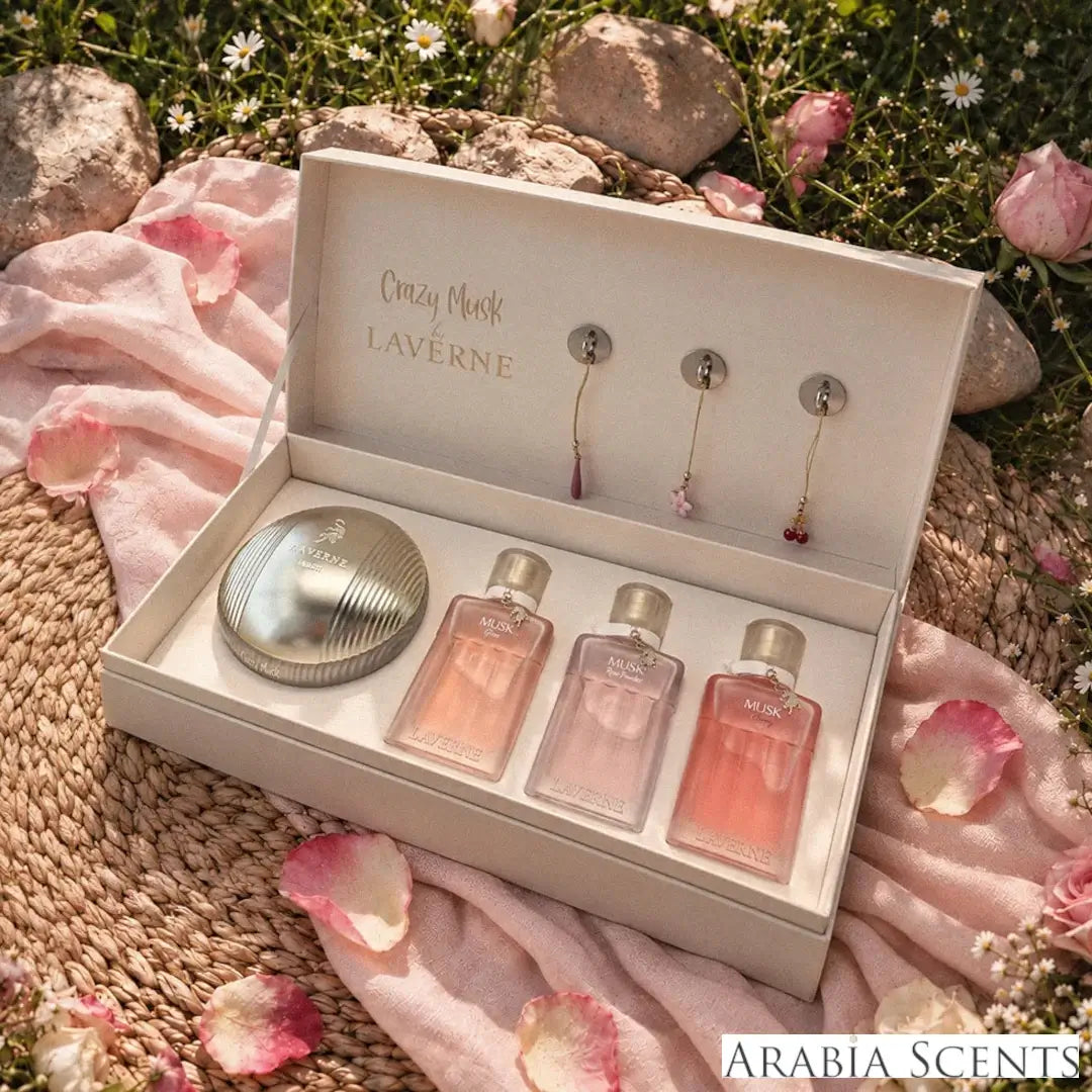 'Crazy Musk Collection' perfume bottles & packaging set with 'Laverne' branding featured by 'Arabiascents'