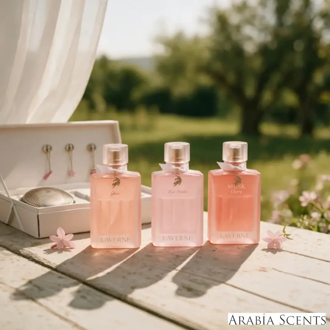 'Crazy Musk Collection' perfume bottles & packaging set with 'Laverne' branding featured by 'Arabiascents'