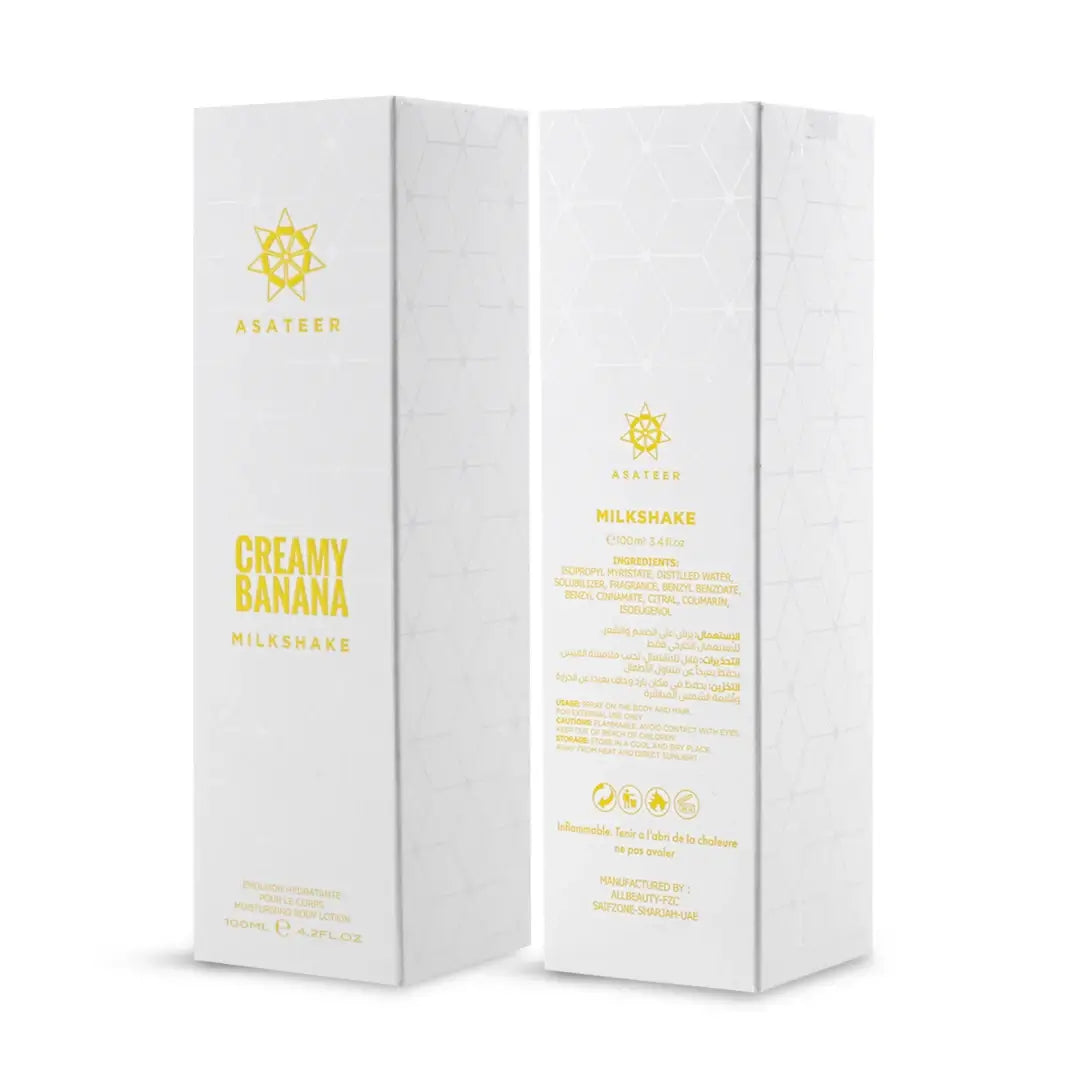 'Creamy Banana Milkshake Body Lotion Spray' packaging on a white background with 'Asateer' branding