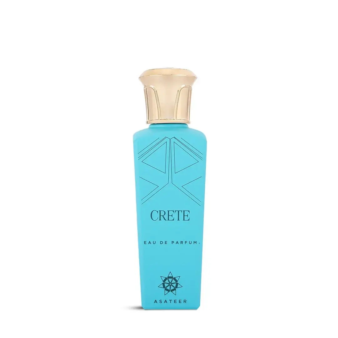 'Crete' perfume bottle with gold cap  on a white background with 'Asateer' branding