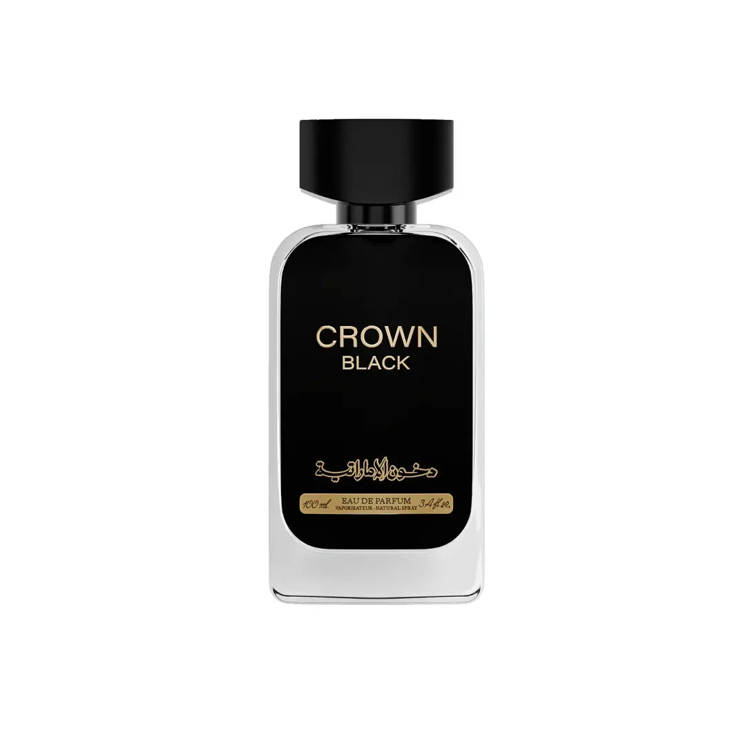 Perfume bottle labeled 'Crown Black' on a white background by Dkhoon Al Emaratia