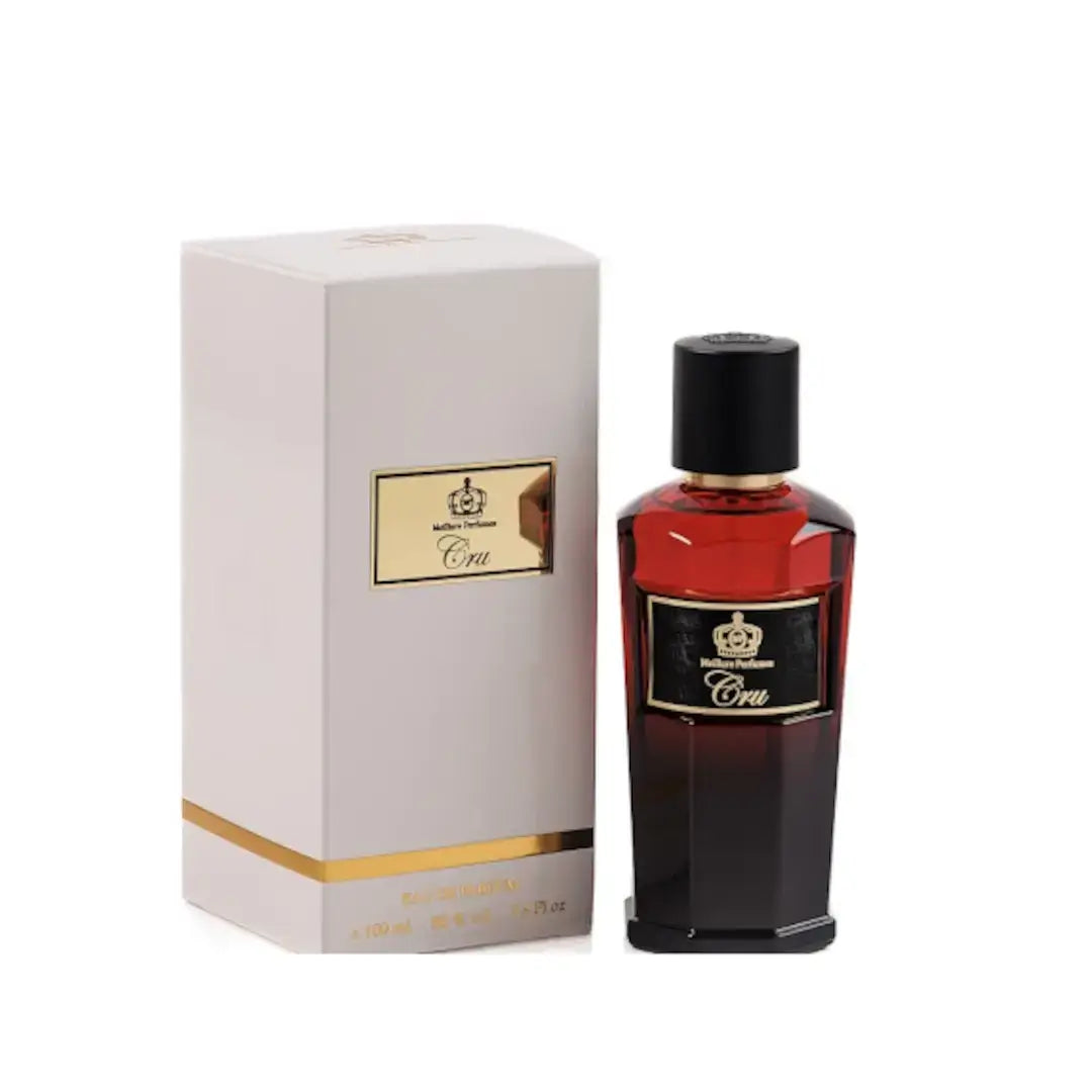 'Cru' perfume bottle & packaging on a white background with 'Meillure' branding
