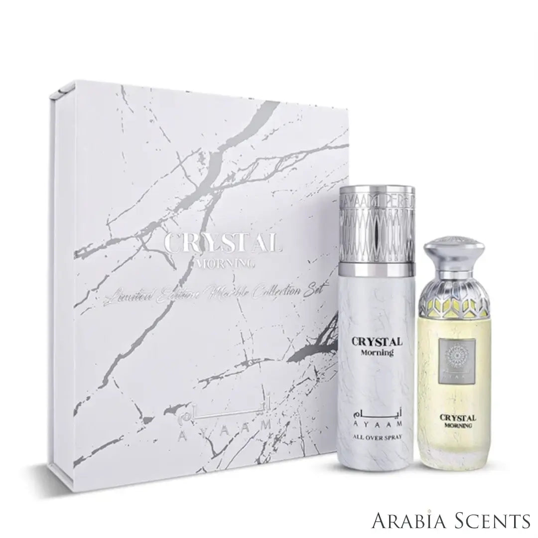 'Crystal Morning' set & packaging on a white background with 'Ayaam' branding featured by 'Arabiascents'