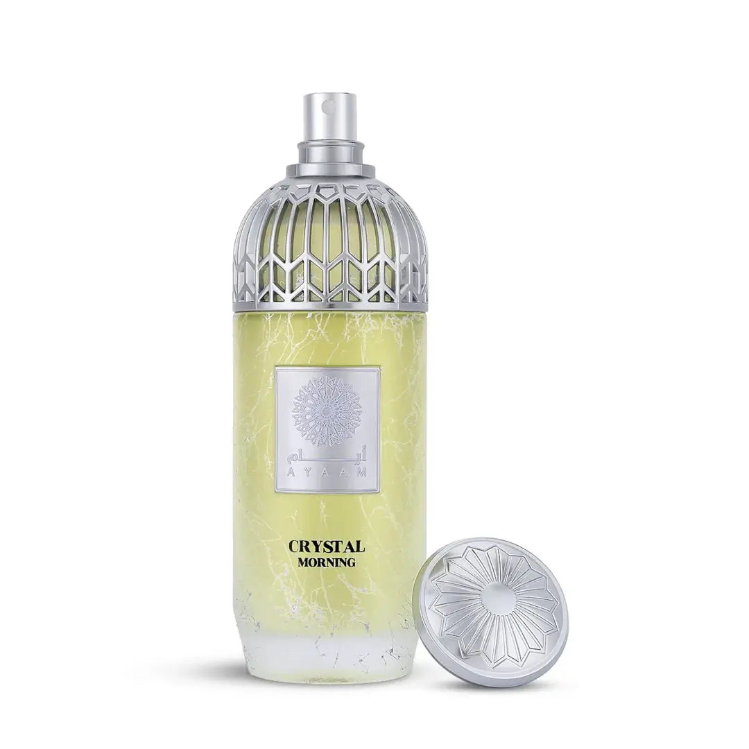 'Crystal Morning' perfume bottle on a white background with 'Ayaam' branding
