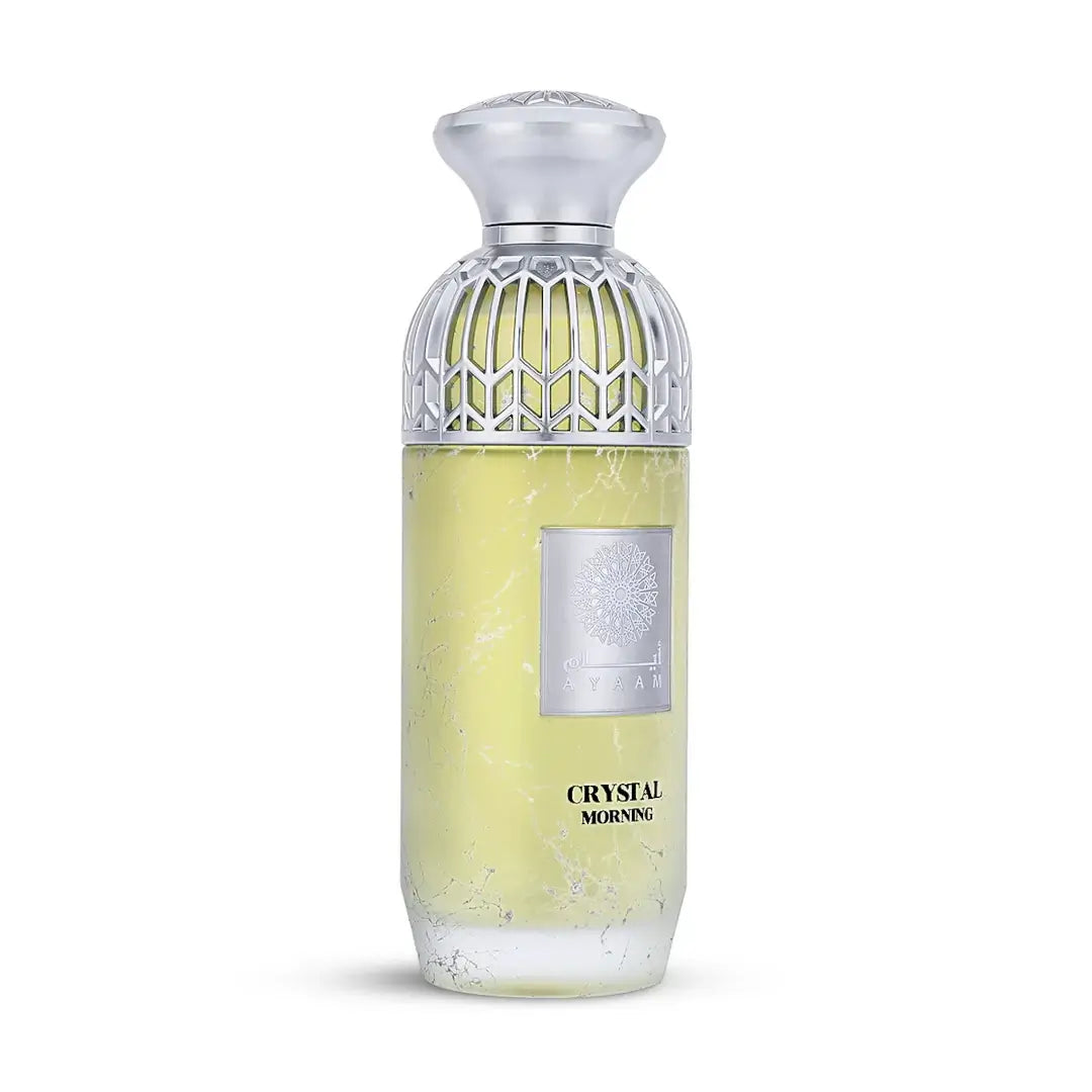 'Crystal Morning' perfume bottle on a white background with 'Ayaam' branding