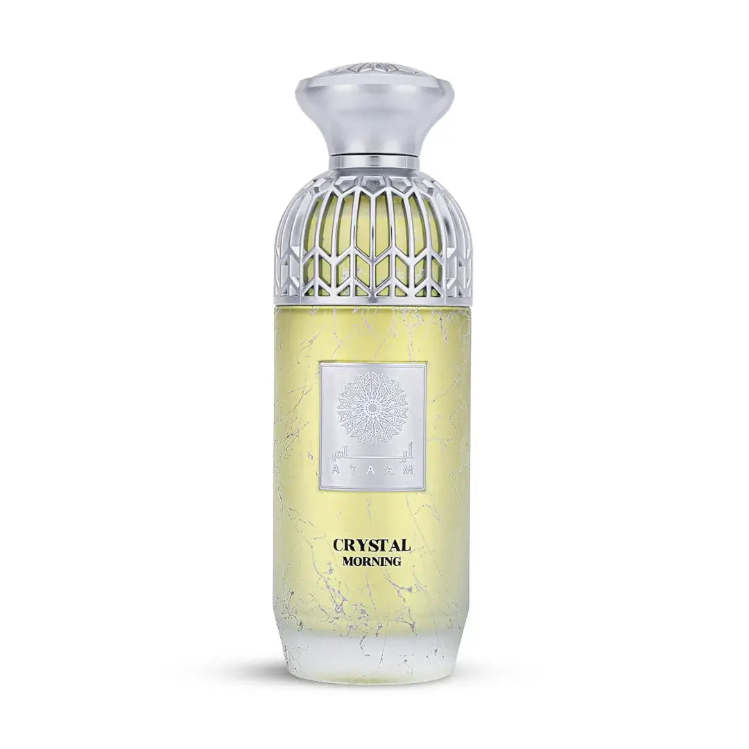 'Crystal Morning' perfume bottle on a white background with 'Ayaam' branding