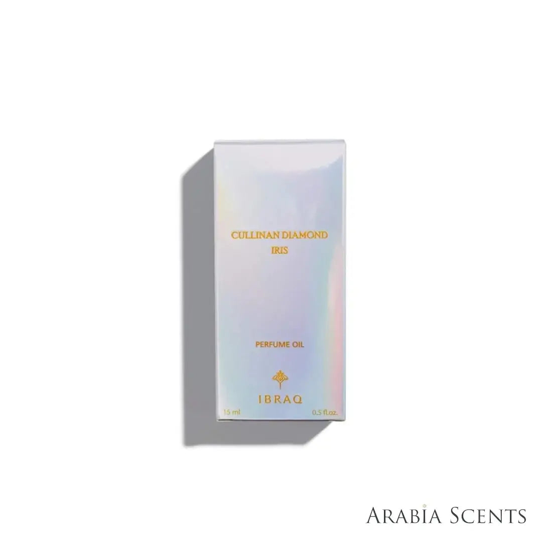 'Cullinan Diamond Iris' oil perfume packaging on a white background with 'IBRAQ' branding featured by 'Arabiascents'