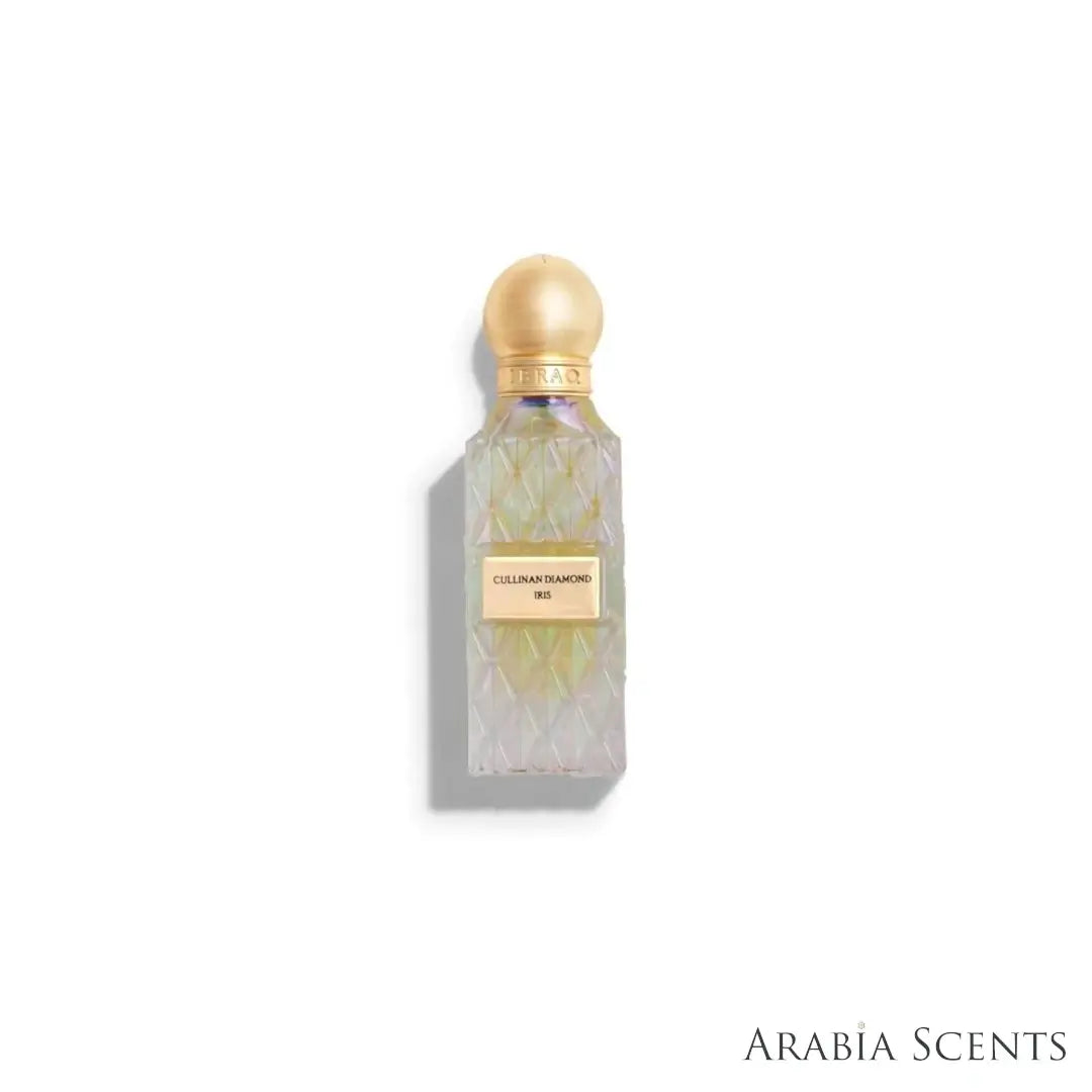 'Cullinan Diamond Iris' oil perfume bottle on a white background with 'IBRAQ' branding featured by 'Arabiascents'