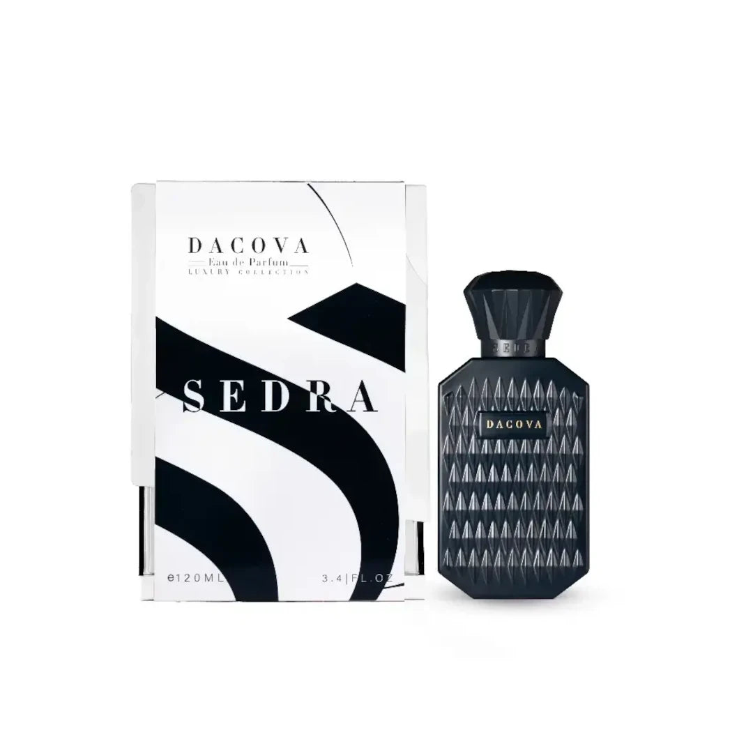 'Dacova' perfume bottle & packaging on a white background with 'Sedra' branding featured by 'Arabiascents'