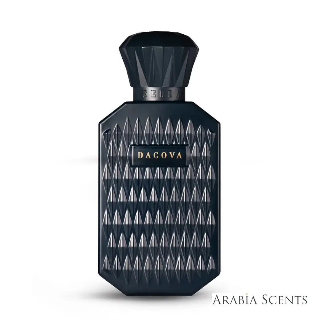 'Dacova' perfume bottle on a white background with 'Sedra' branding featured by 'Arabiascents'