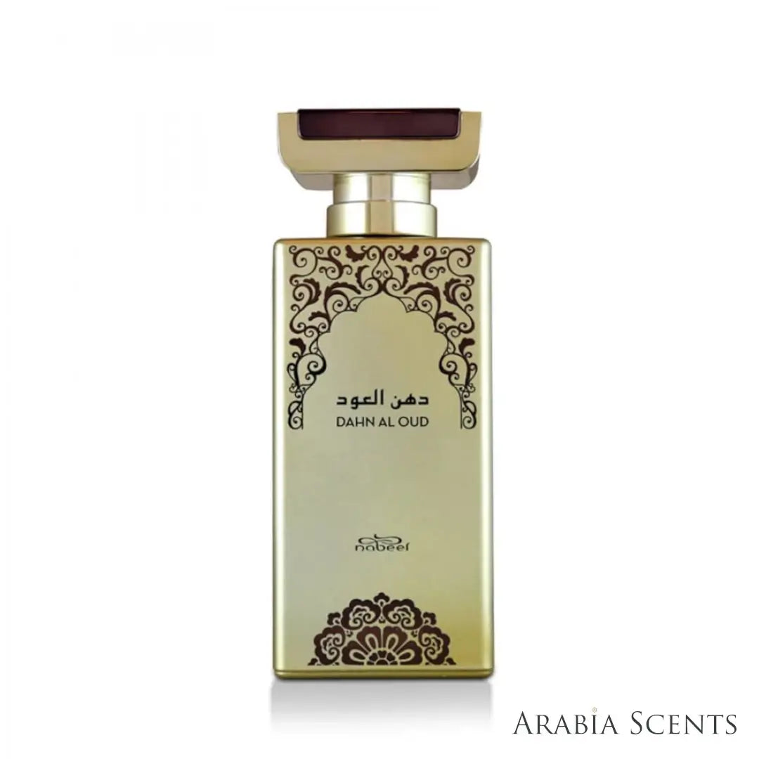 'Dahn Al Oud' perfume bottle on a white background with 'Nabeel' branding featured by 'Arabiascents'