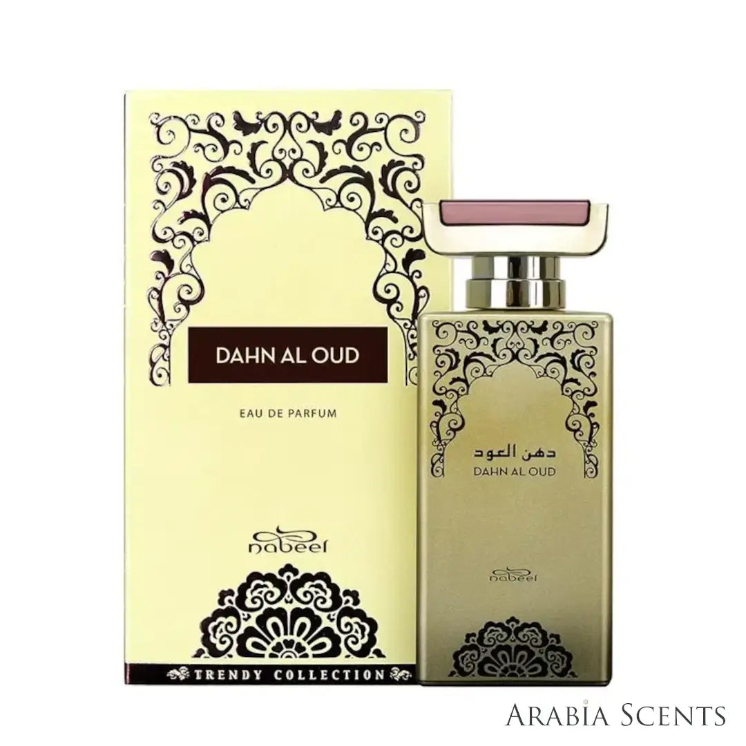 'Dahn Al Oud' perfume bottle & packaging on a white background with 'Nabeel' branding featured by 'Arabiascents'