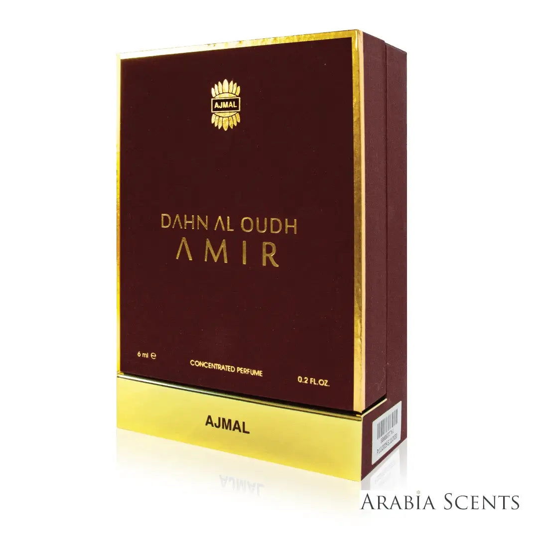 'Amir' perfume oil packaging  on a white background with 'Ajmal' branding featured by 'Arabiascents'