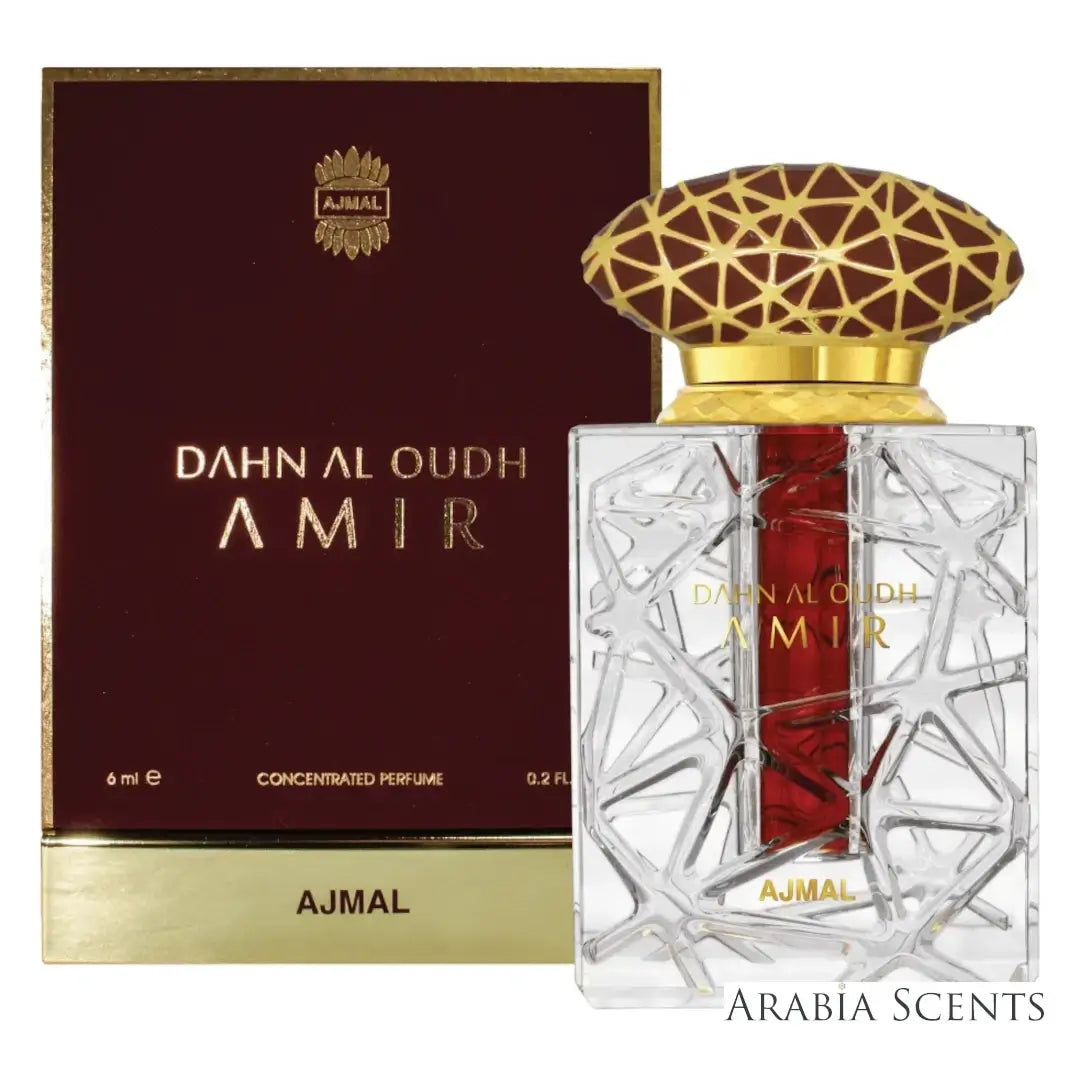 'Amir' perfume oil bottle & packaging  on a white background with 'Ajmal' branding featured by 'Arabiascents'