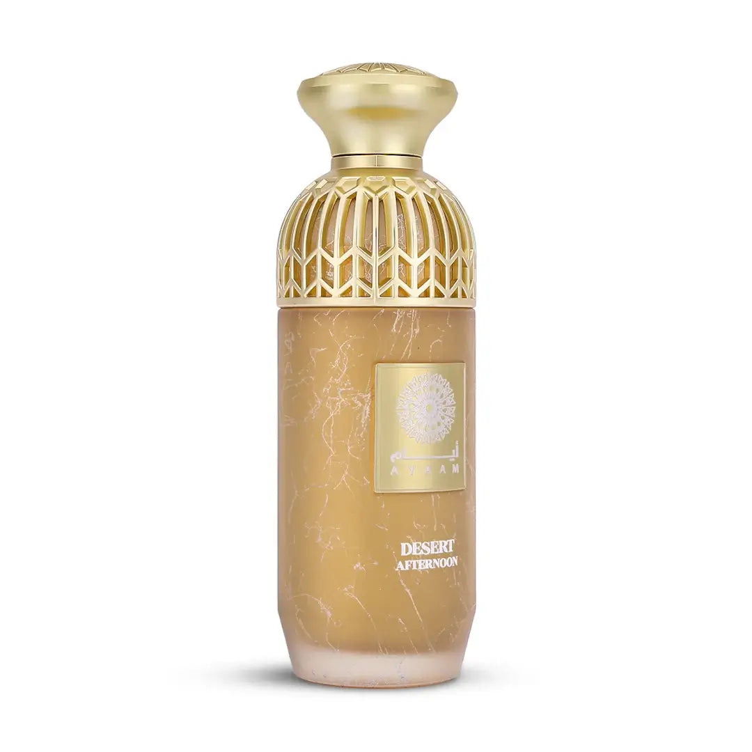 Gold and beige perfume bottle with 'Desert Afternoon' label on a white background with 'Ayaam' branding