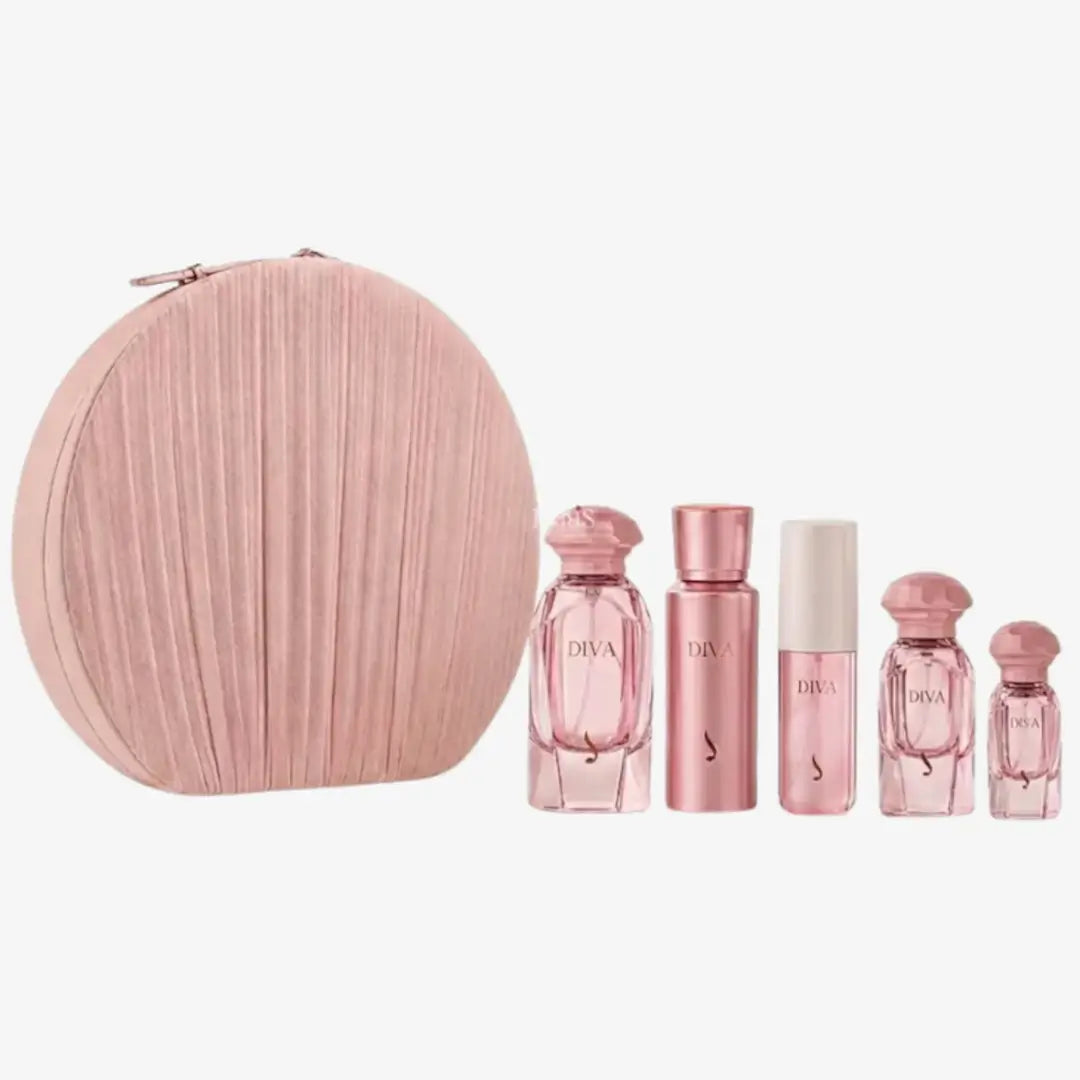 Pink Diva Gift set with a round case on a white background branded by Dkhoon Al Emaratia