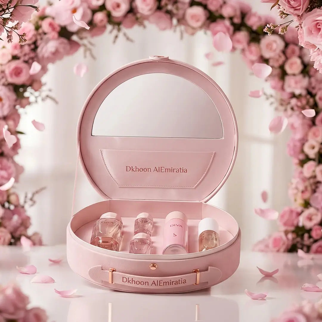 Pink Diva Gift set with multiple products inside, surrounded by pink flowers by Dkhoon Al Emaratia