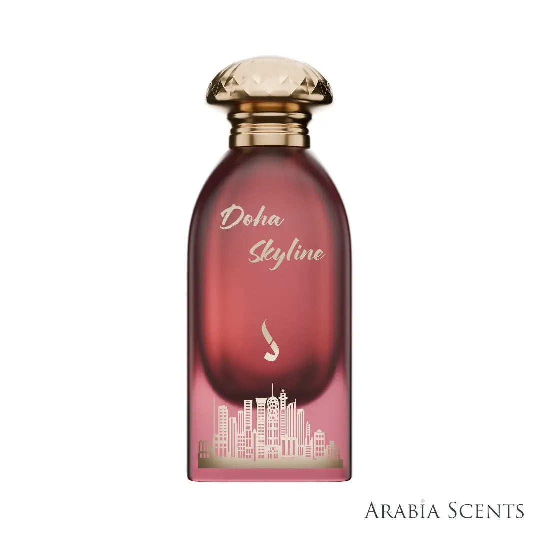 'Doha skyline' perfume bottle on a white background with 'Dkhoon Emirates' branding featured by 'Arabiascents'