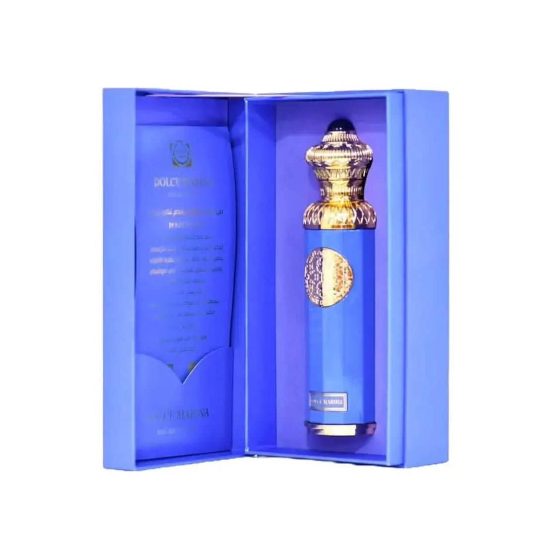 'Dolce Marina' perfume bottle & packaging on a white background with 'Surrati' branding