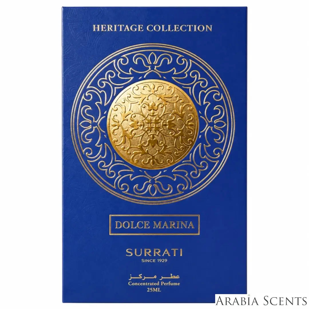 'Dolce Marina' perfume packaging on a white background with 'Surrati' branding featured by 'Arabiascents'
