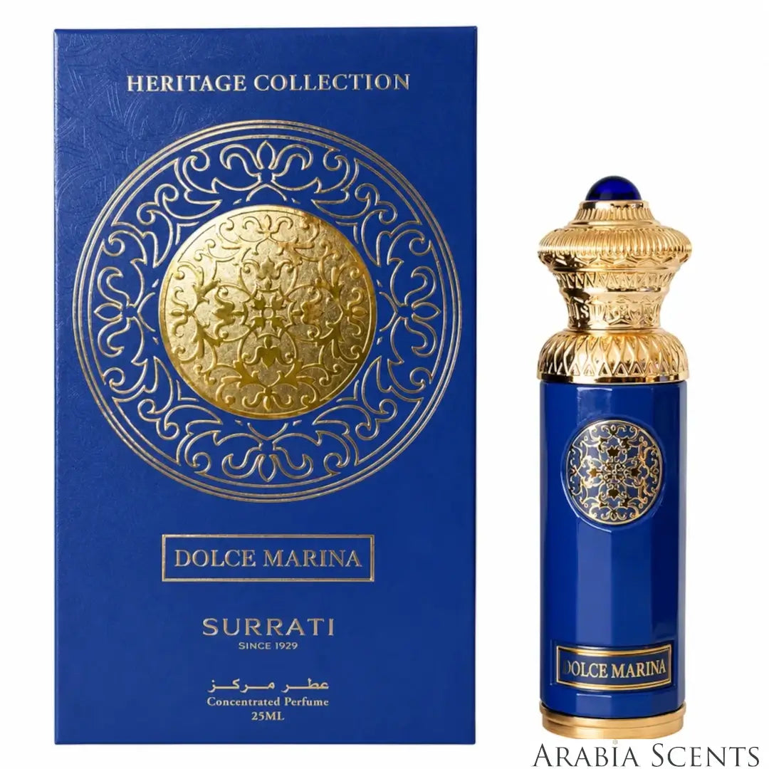 'Dolce Marina' perfume bottle & packaging on a white background with 'Surrati' branding featured by 'Arabiascents'