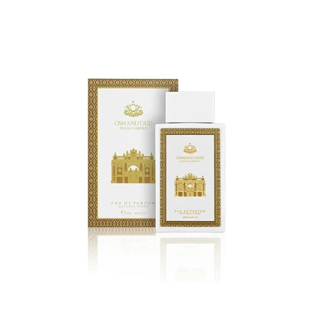 'Dolma Garden' Perfume bottle and packaging with gold and white design on a white background branded Osmanli Oud