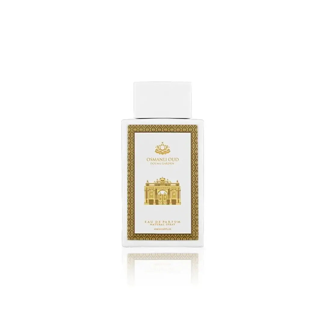 'Dolma Garden' White and gold perfume bottle on a white background with Osmanli Oud branding