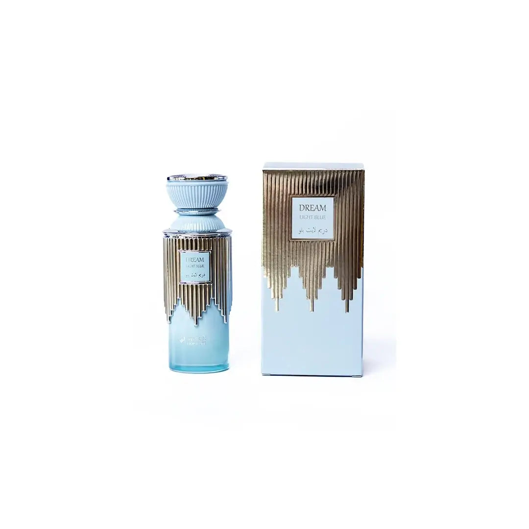 'Dream Light Blue' perfume bottle & packaging in a white background with 'Oud Elite' branding