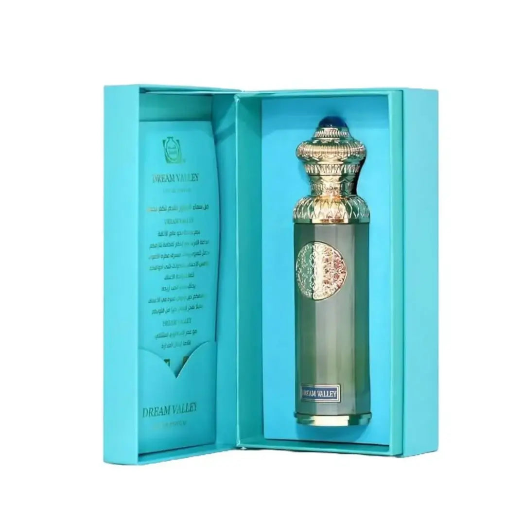 'Dream Valley' perfume bottle & packaging on a white background with 'Surrati' branding