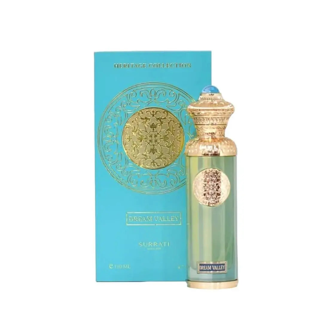 'Dream Valley' perfume bottle & packaging on a white background with 'Surrati' branding