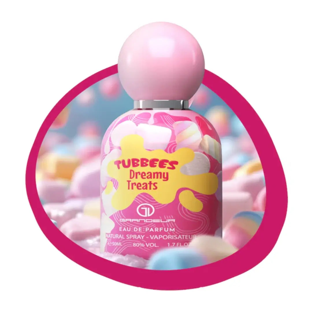 Perfume bottle labeled 'Dreamy Treats' with a pink cap on a colorful  background with 'Tubbees' branding