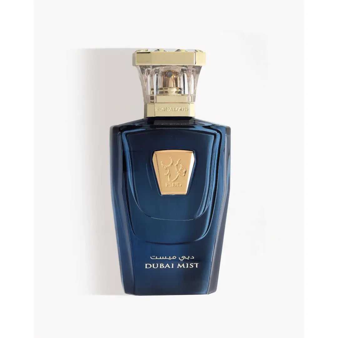 'Dubai Mist' perfume bottle in a white background with 'Hind Al Oud' branding