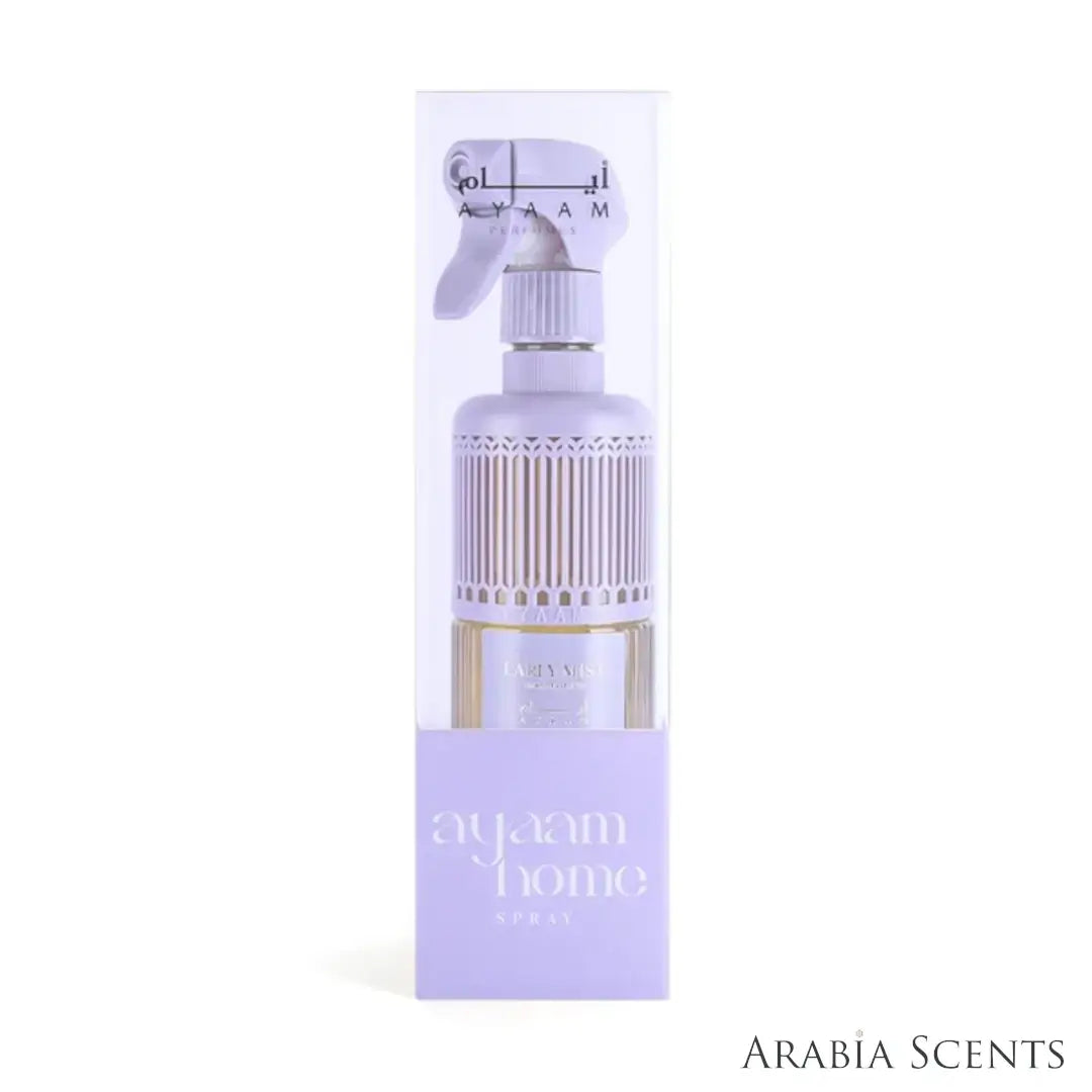 'Early Mist' home fragrance bottle & packaging on a white background with 'Ayaam' branding featured by 'Arabiascents'