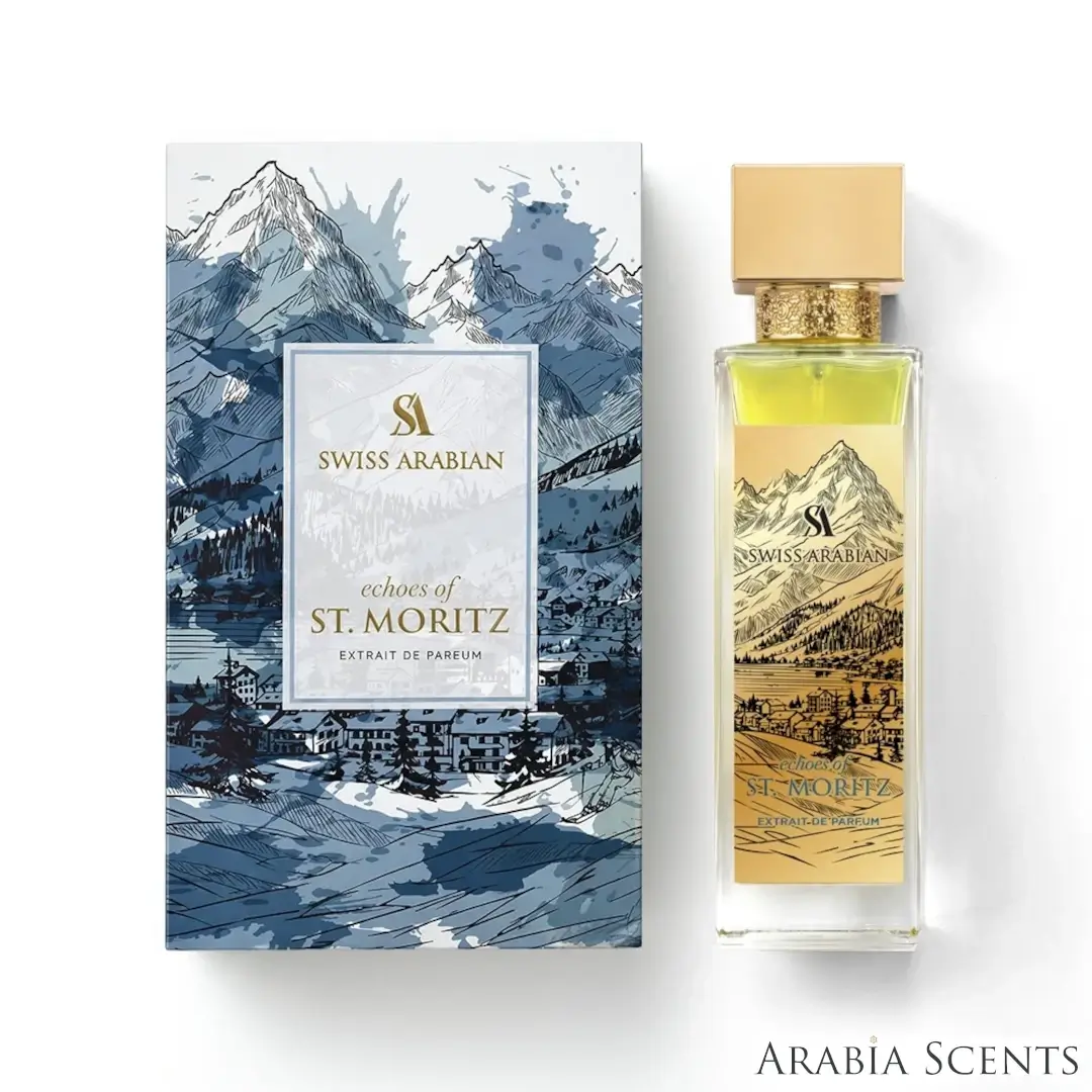 'Echoes Of ST Moritz' perfume bottle & packaging on a white background with 'Swiss Arabian' branding featured by 'Arabiascents'