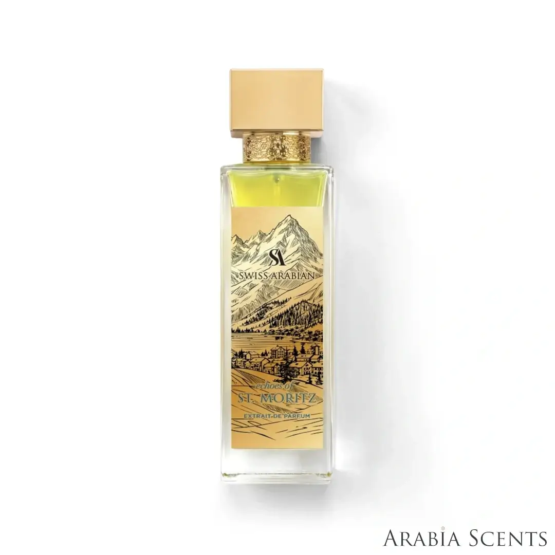 'Echoes Of ST Moritz' perfume bottle on a white background with 'Swiss Arabian' branding featured by 'Arabiascents'