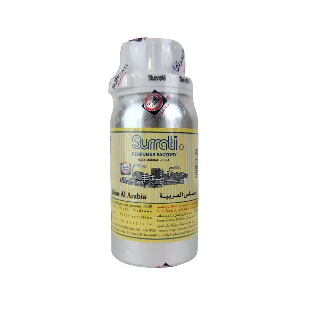 Ehsas Al Arabia Surrati perfume oil bottle with a white cap on a white background