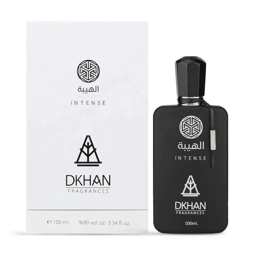 'El Heaba Intense' Black perfume bottle and packaging with 'DKHAN Fragrances' branding on a white background