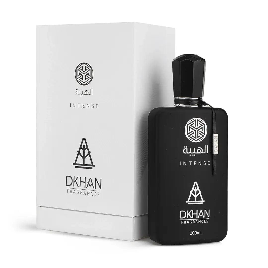 'El Heaba Intense' Black perfume bottle and packaging with 'DKHAN Fragrances' branding on a white background