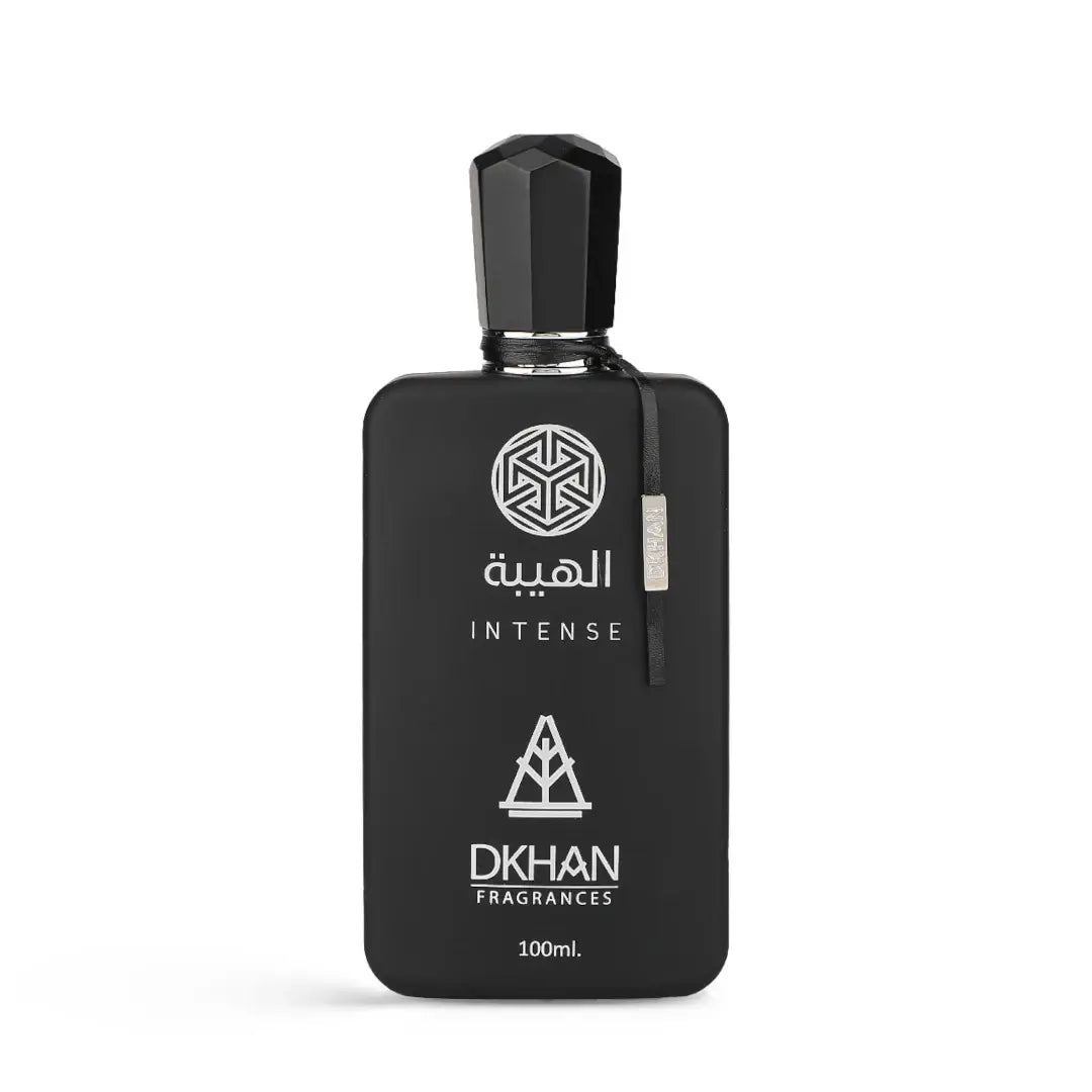 'El Heaba Intense' Black perfume bottle with 'DKHAN FRAGRANCES' branding on a white background