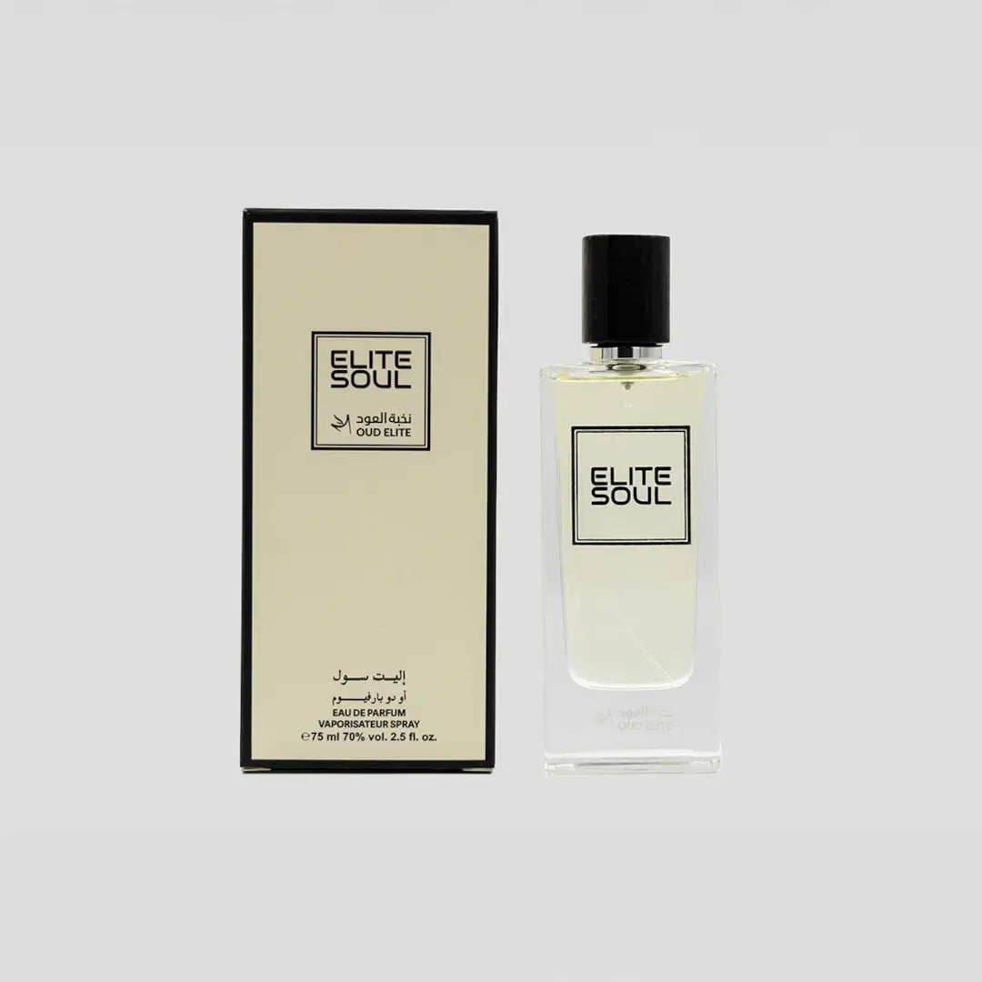 'Elite Soul' perfume bottle & packaging in a white background with 'Oud Elite' branding