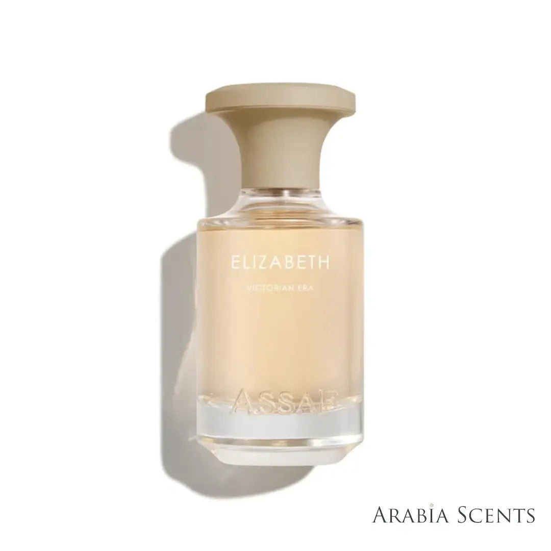 'Elizabeth's' perfume bottle on a white background with 'Assaf' branding featured by 'Arabiascents'