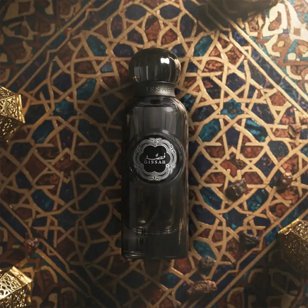 Emarati Imperial perfume bottle with decorative label on a patterned surface branded by Gissah