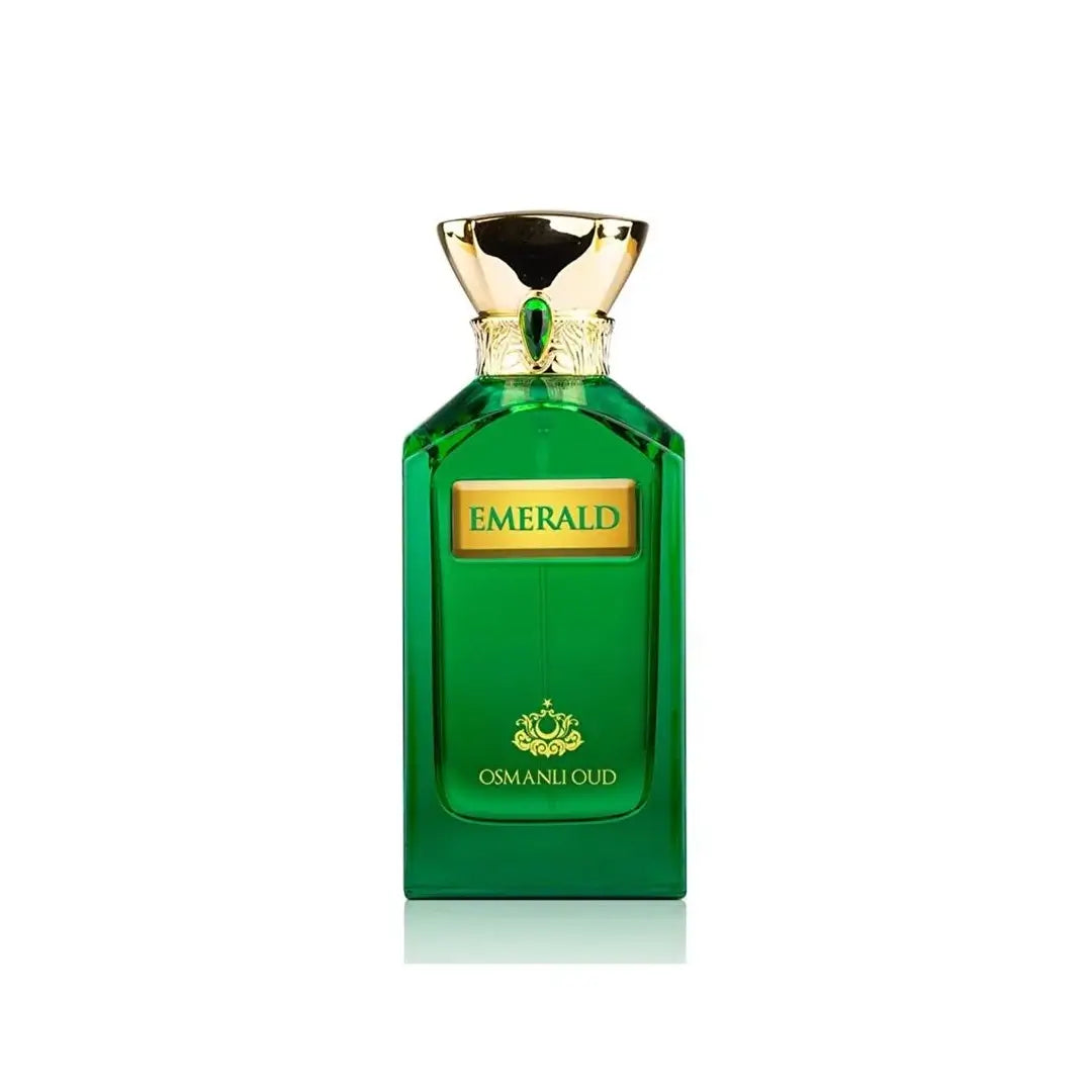 Green perfume bottle labeled 'Emerald' with gold cap on a white background with Osmanli Oud branding