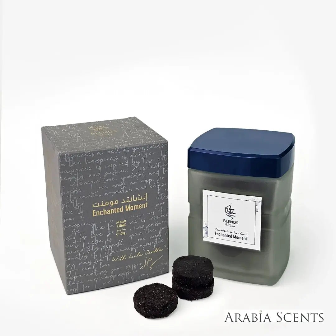 Enchanted Moment Dokhoon container and packaging on a white background by Khaltat Blends of Love featured on 'ArabiaScents'