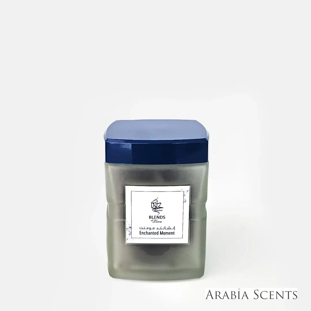 Enchanted Moment Dokhoon container on a white background by Khaltat Blends of Love featured on 'ArabiaScents'