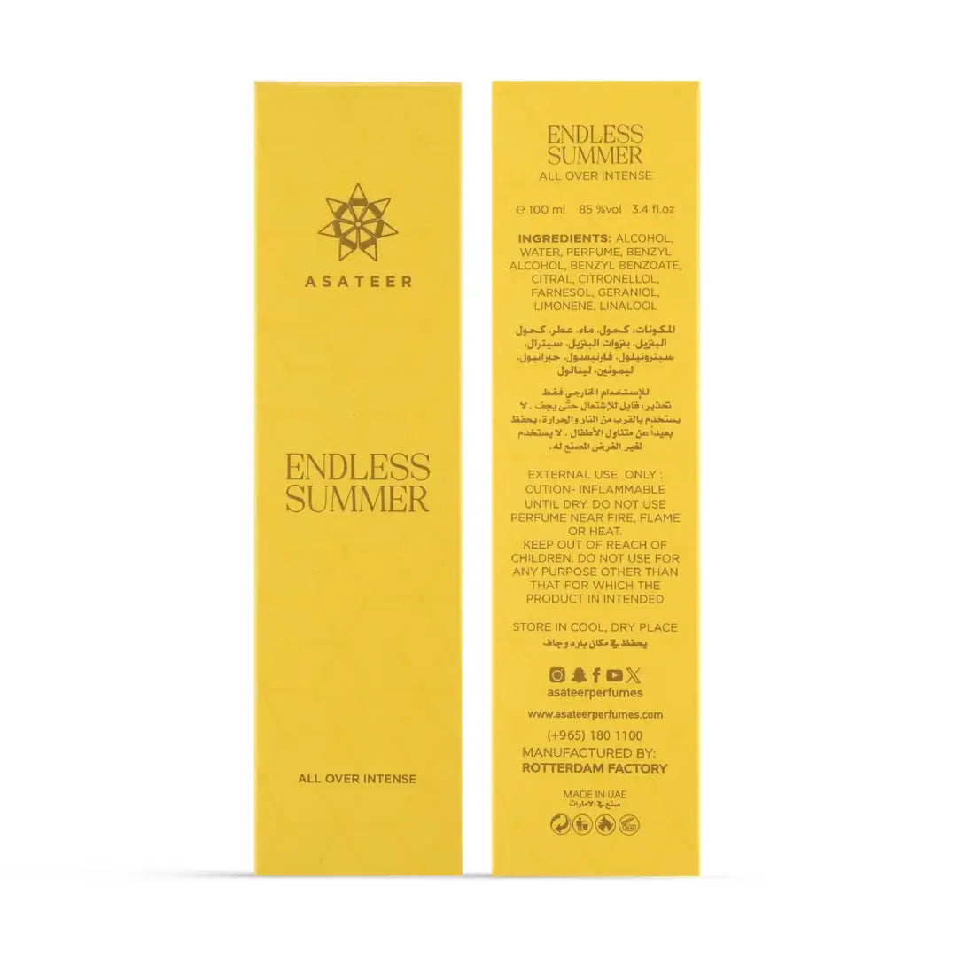 'Endless Summer' all over intense packaging on a white background with 'Asateer' branding